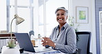 Laptop, smile and management with a business woman at work on a review, proposal or report in her office. Computer, happy and research with a senior female manager working on an agenda or schedule