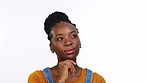 Thinking, doubt and portrait of a black woman with an idea isolated on a white background in studio. Think, planning and African girl with a solution, thoughtful and contemplation on a backdrop