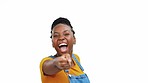 Happy, dance and portrait of a black woman singing isolated on a white background in a studio. Fun, playful and excited dancing African girl doing karaoke, performance and pretending to be a singer