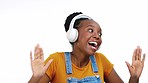 Singing, dancing black woman and headphones and drumming hands in a studio. Isolated, white background and  a young gen z female listening to music, web audio and internet radio doing a dance