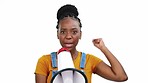 Megaphone, black woman shout and face of a gen z person fighting for equality and justice. Isolated, white background and studio with a female and microphone making noise and speech for human rights
