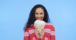 Portrait of excited black woman with money fan, euro and mockup, savings or loan isolated on blue background. Cash, budget and bonus prize, happy person with success and financial freedom in studio.