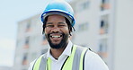 Black man, architect and smile with safety helmet in the city for construction or building site. Portrait of happy African male contractor with hard hat smiling for industrial work on rooftop in town