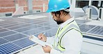 Black man, engineer and inspection on solar panels with clipboard for checklist or quality assurance on rooftop. African American male contractor checking sustainable power or energy on the city roof