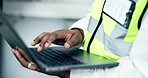 Black man, hands and laptop of electrician typing for diagnostic test, email or electrical inspection. Hand of African male contract technician working on computer for data monitoring or networking