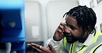 Black man, engineer and phone call for communication, inspection or maintenance in quality assurance at site. Happy African American male technician talking on smartphone in electrical control room