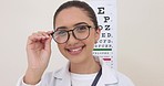 Vision, glasses and woman, face and eye care with optometrist in portrait with healthcare for eyes and exam. Ophthalmology office, frame and prescription lens, young female and hand with eyewear