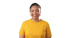 Woman, face and laughing at white background, studio space and isolated backdrop with mockup. Portrait, happy young female model and smile at funny joke, reaction to meme and comedy for happiness 