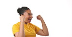 Woman, fist pump and winning with cheers and yes, happiness and excited about win isolated on white background. Happy female, winner and success with bonus, applause and celebration for achievement