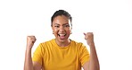 Woman, fist pump and winning with face and success, happiness and excited about win isolated on white background. Happy female, winner and reward with bonus, portrait and celebration for achievement