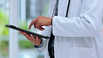 Digital, doctor hands and tablet scroll of a healthcare, wellness and hospital worker with tech. Life insurance, medical clinic results and surgery planning data of a nurse working on technology