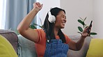 Wow, laughing and woman with a phone for music, dance and reading a social media notification. Happy, surprised and dancing girl excited about listening to a podcast, radio and song on a mobile