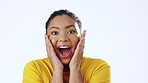 Black woman, face and surprise of a young person with shock from sale or announcement. Happy, excited and scream of a model with shocked emoji gesture and wow emotion in a white background studio