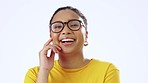 Happy, face and woman with glasses in studio with optical wellness, vision and healthcare. Happiness, laugh and portrait of female model with spectacles standing with confidence by a white background