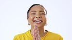 Happy, face and woman clapping hands in studio, laughing and funny on white background. Smile, applause and portrait of excited lady celebrating good news, comedy or joke on mockup or isolated space