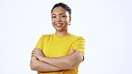 Black woman, face and happiness of a person in a isolated white background in studio. Mockup, arms crossed and proud female feeling happy, success and smile with mockup for advertisement space 