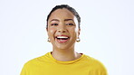 Face, fun and laughter with a black woman in studio isolated on a white background enjoying humor. Portrait, funny or joking and an attractive young female being happy with laughter or a smile indoor