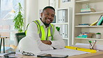 Black man, engineer and architect portrait in office with smile and blueprint or floor plan on desk. Happy engineering contractor person working on architecture for building and construction project