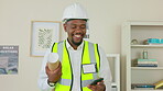 Man, phone green screen and construction portrait in office with smile and blueprint floor plan in hand. Happy engineering contractor person and smartphone mockup for architecture or building project