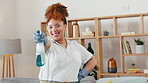 Woman, face and smile for cleaning service with spray, detergent bottle and housekeeping. Portrait of happy black person, cleaner and hospitality maid ready for home maintenance, safety and smile 