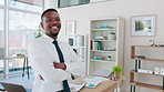 Corporate, executive and portrait of a black man with arms crossed for business and management. Happy, professional and an African employee with pride, confidence and happiness at a workplace