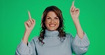 Face, pointing and woman with smile, advertising and brand development against a studio background. Portrait, female and lady with happiness, direction and space with recommendation and presentation