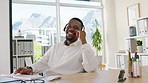 Happy call center, face and black man on computer for customer service, crm and help desk support. Portrait of agent, telemarketing consultant and smile for business consulting, telecom and salesman