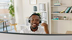 Call center, black man and talking on computer, customer service and crm help desk in office. Happy agent, telemarketing consultant and communication for lead generation, telecom and sales consulting