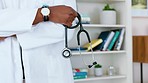 Doctor, stethoscope and arms crossed for medical healthcare, consulting and medicine. Nurse, cardiology and clinic professional ready to start a career at a hospital, checkup or consultation