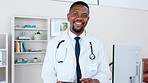 Face, black man and doctor with tablet, healthcare or innovation in office, research or online reading. Portrait, African American male employee or medical professional with device or search internet