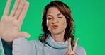 Peace sign, selfie and crazy with woman in studio for social media, vlogger and confidence. Happy, creative and silly with funny face of girl on green background for positive, internet and picture