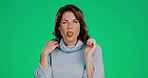 Green screen, funny and the face of a woman with tongue out isolated on a studio background. Silly, playful and a portrait of a lady playing with her hair, being crazy and comic on a backdrop