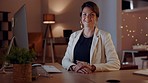 Office, computer and face of happy woman with night planning mindset for career or global network company. Portrait of professional worker, employee or person smiling for business or project goals