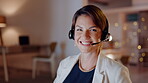 Crm, portrait or happy woman receptionist in call center helping, consulting or talking at customer services. Smile, face or friendly sales consultant in a telemarketing or communications company