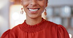 Woman, teeth and happy smile for dental care, results or dentist surgery success at the office. Cropped face of female smiling for tooth whitening, oral or mouth and gum hygiene at the workplace