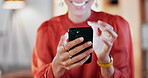 Woman hands, night business and typing on cellphone in office, online app or web contact. Closeup worker, overtime and smartphone of networking, reading happy notification and social media connection