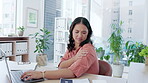 Asian woman, laptop and shoulder pain at office desk in discomfort, bruise or sore injury. Businesswoman suffering ache holding painful arm, muscle or bone by computer from stress or overworked