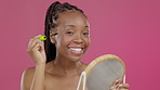 Model, face and beauty mascara with mirror on isolated pink background in skincare makeup, grooming or eyelashes product. Smile, happy and black woman portrait and cosmetics wand for eyes aesthetic