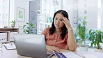 Angry, laptop and report with asian woman in office for burnout, glitch and deadline. Stress, mental health and fatigue with employee suffering at desk for frustrated, problem and overwhelmed