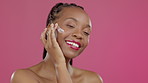 Black woman, face or beauty cream on isolated pink background for studio healthcare, relax wellness or skincare grooming. Smile, portrait or model and lotion product, facial creme or makeup cosmetics