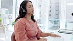 Asian woman, call center and consulting in frustration for telemarketing, difficult customer or confused at office. Annoyed female consultant upset, stressed or tired struggling with online client