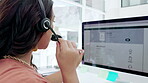 Asian woman, call center and consulting on computer screen for customer service or desktop support at office. Happy female consultant helping in web navigation display or advice on PC in contact us