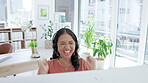 Asian woman, call center and computer in celebration for winning, sale or promotion at office desk. Happy female consultant or agent celebrating deal, bonus or victory in telemarketing or sales