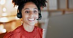 Call center, black woman and talking on computer for consultant service, sales and advice at night. Female telemarketing agent consulting online at crm help desk for communication support in evening