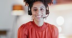 Customer service, black woman and face with smile, headset and sales receptionist at night. Portrait of happy call center agent for communication, faq consulting and telecom administration in evening