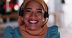 Muslim call center woman, face and smile in night with tech support, help desk and consulting with advice. Happy islamic consultant, customer service and portrait with voip, questions and solution