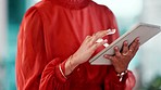 Scrolling, email and hands of a woman with a tablet for communication, website and connection. Business, social media and employee typing on technology for networking, research and search online