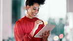 Black woman, tablet and smile for business planning, social media or communication in digital marketing at office. Happy African American female leader smiling and working on touchscreen at workplace