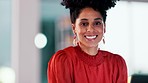 Happy, face and business woman in the office with confidence, success and positive mindset. Happiness, career and professional corporate female employee with a smile standing in workplace in Mexico.