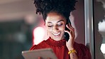 Black woman, phone call and tablet at night for business discussion, conversation or digital marketing at office. Happy African American female manager talking on smartphone working late at workplace